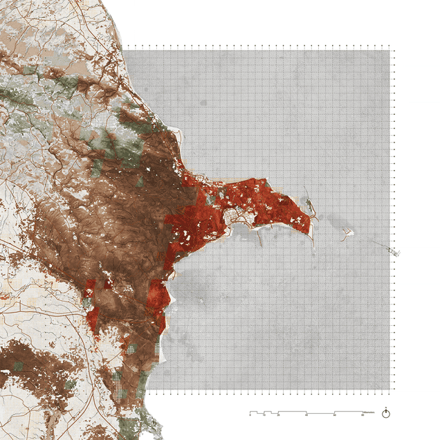 Projected urban growth in Baku, Azerbaijan, overlain on biodiversity data. Dark green indicates remnant vegetation while lighter green indicates protected areas. Red areas are regions of expected urban-biodiversity conflicts in 2030. Image: Richard Weller / Hotspot Cities